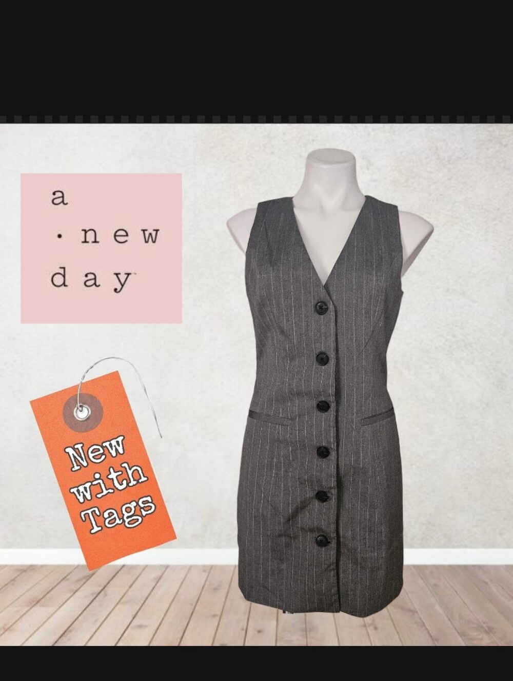 NWT A New Day Womens Vest Dress  Gray Pinstripe Button Up Office Small